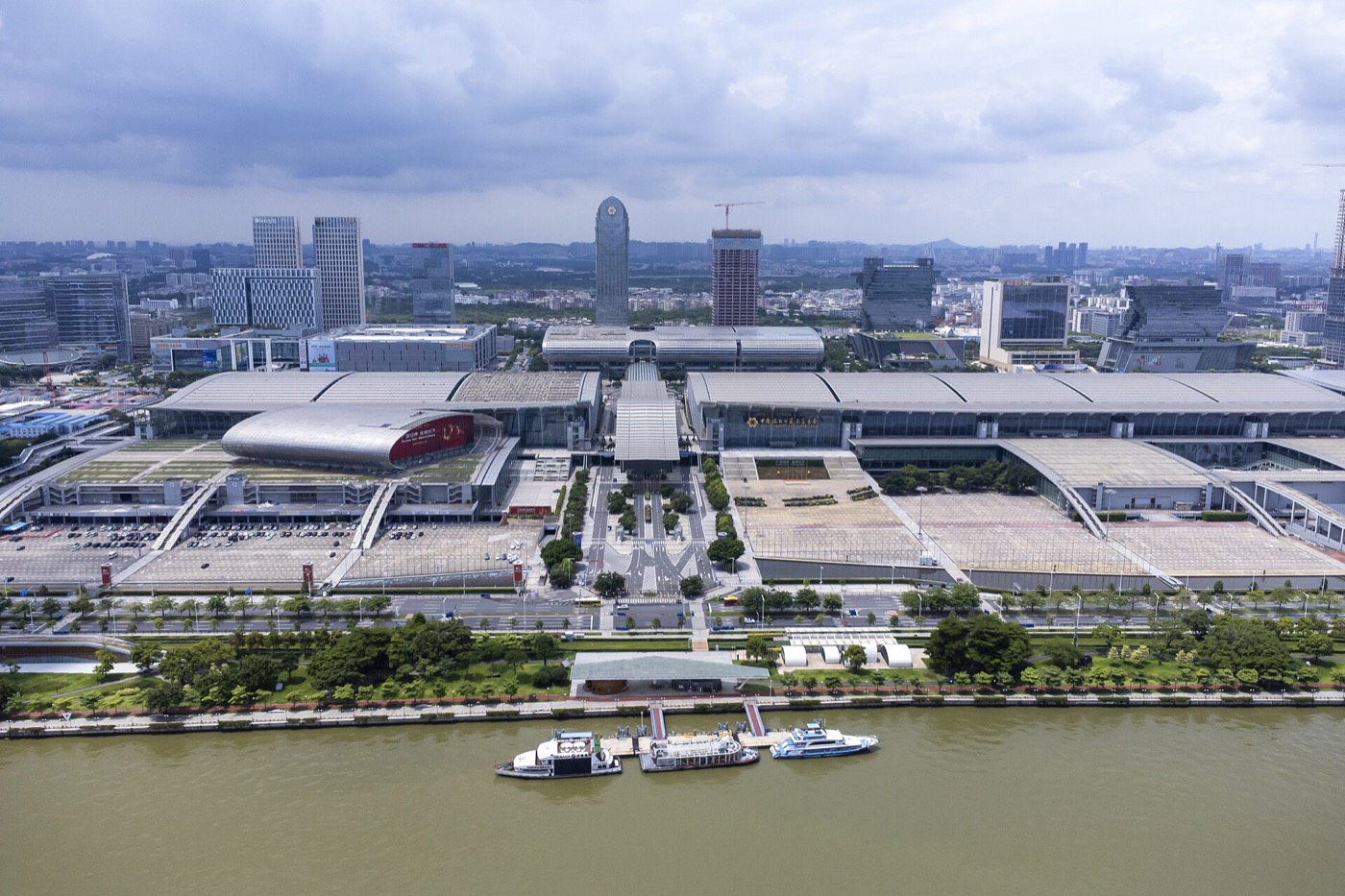 Aerial view of the China Import and Export Fair Complex at Pazhou, Guangzhou, on the bank of the Pearl River