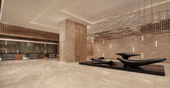 Hotel lobby with reception desk and seating